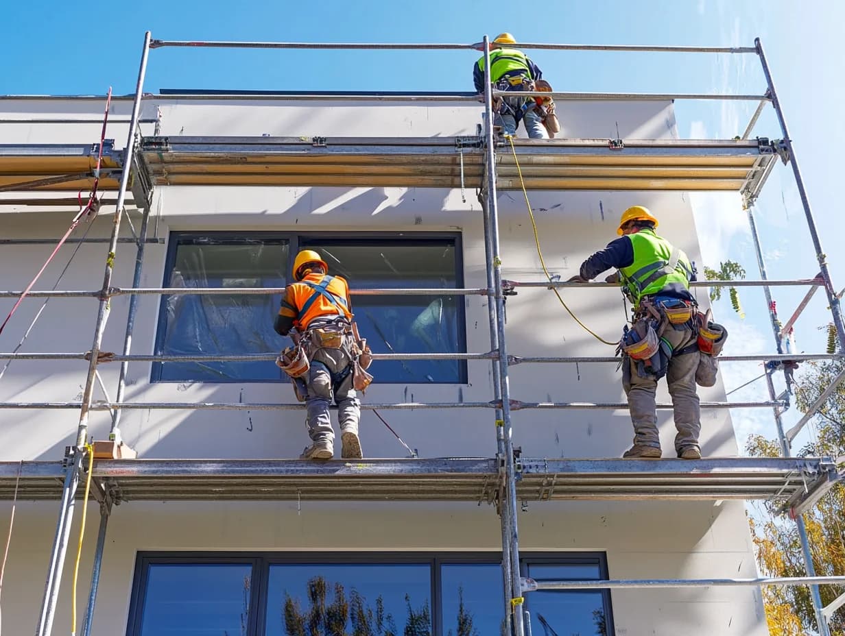 Professional exterior renovation team working on facade